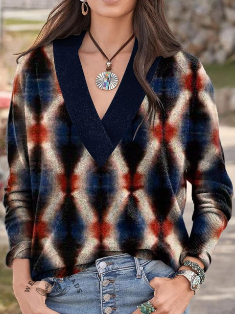 Diamond Shading Color Art Print Knit V-neck Pullover Sweater