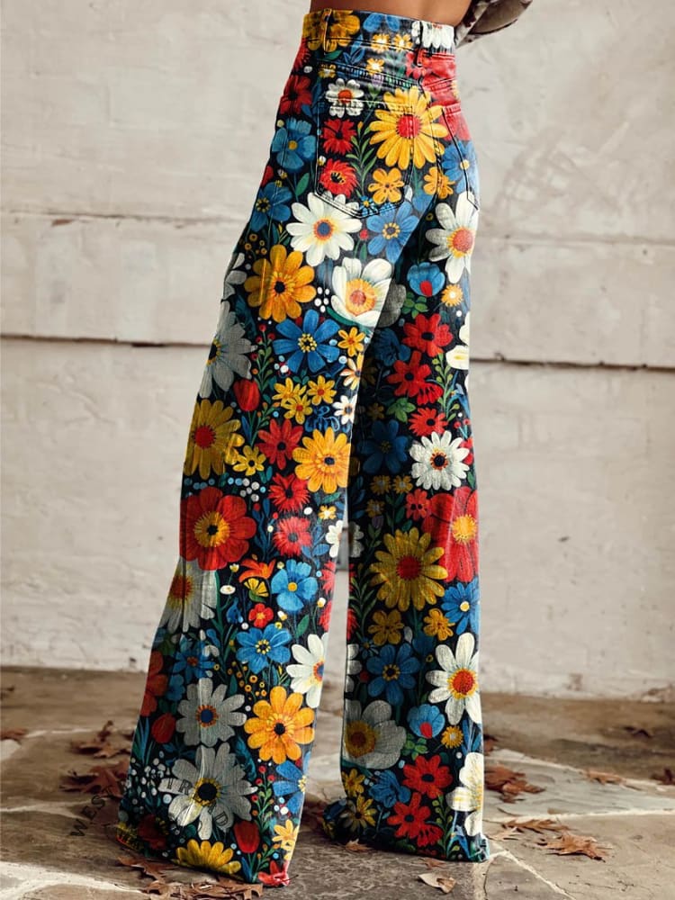 Women's Colorful Flower Print Casual Wide Leg Pants