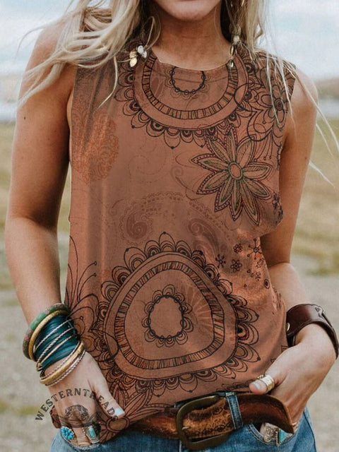 Women's Brown Paisley Flower Print Casual Tank Top