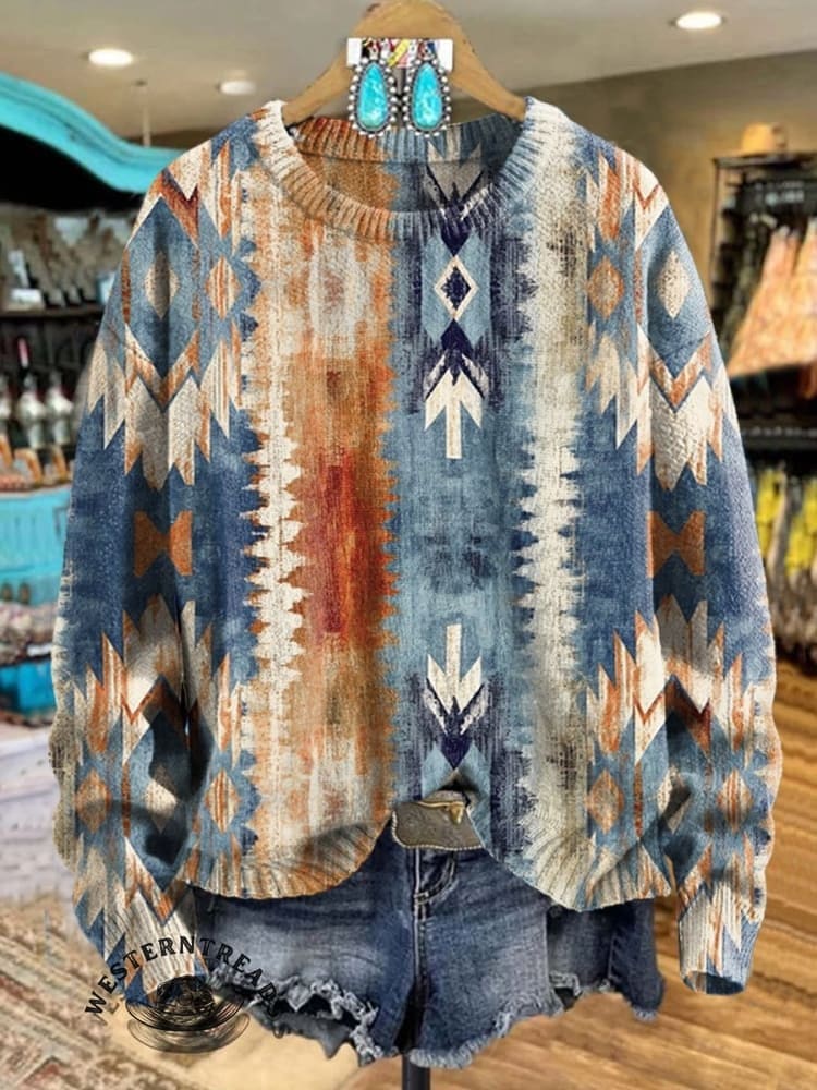 Colorful Aztec Print Crew Neck Sweatshirt