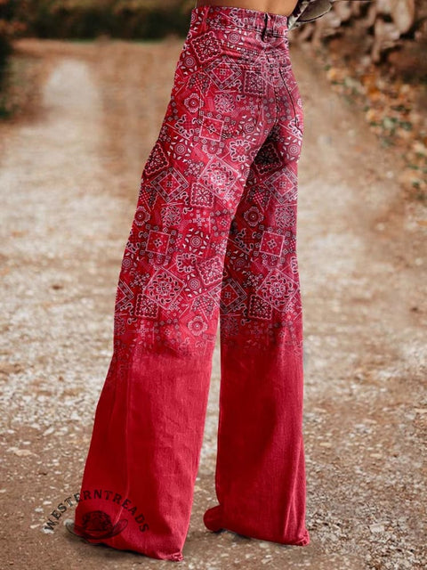 Women's Red Paisley Print Casual Wide Leg Pants