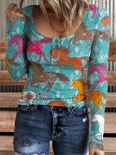 Women's Western Horse Print Casual Comfortable Cotton Henley Shirt