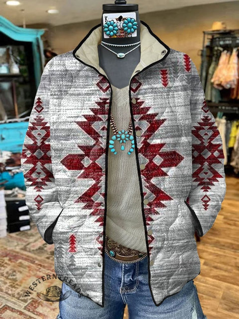 Women's Retro Red Aztec Art Print Casual Quilted Cardigan