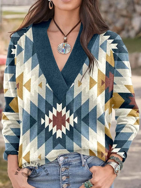 Blue Print Knit V-neck Pullover Sweater