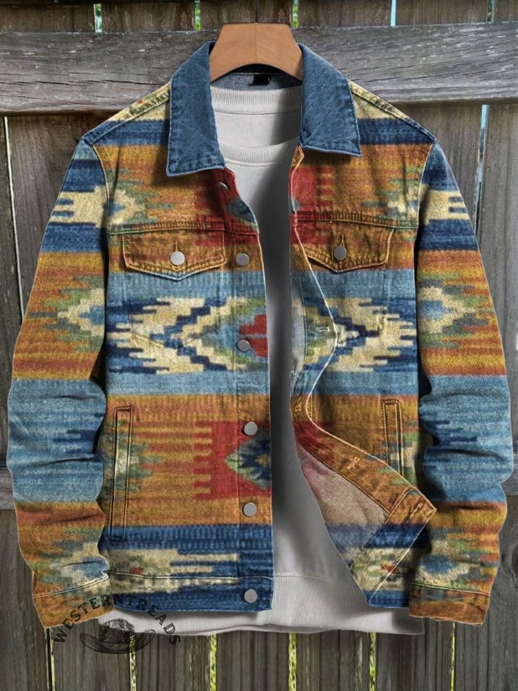 Retro Stripes Contrast Aztec Art Print Casual Denim Jacket