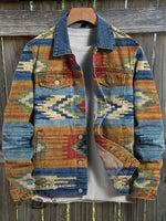 Retro Stripes Contrast Aztec Art Print Casual Denim Jacket