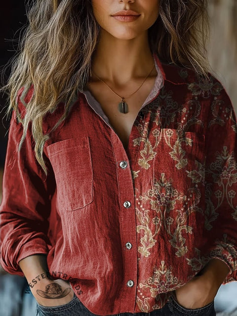 Women's Retro Red Flowers Print Casual Long Sleeve Comfortable Cotton Shirt