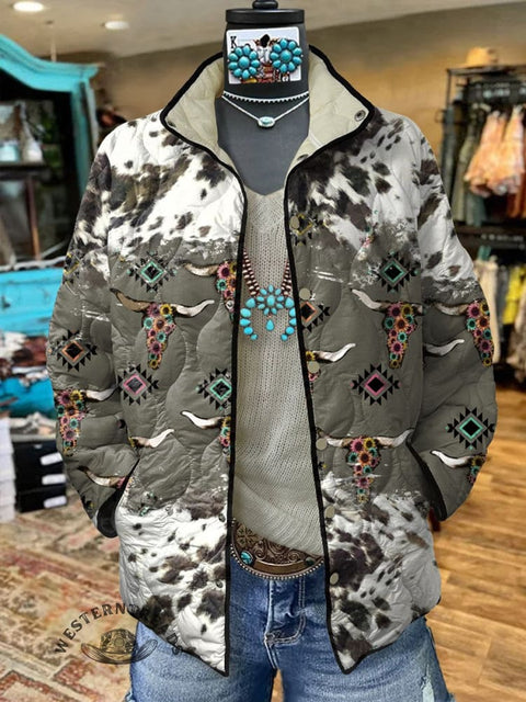 Women's Cow Texture Aztec Art Print Casual Quilted Jacket