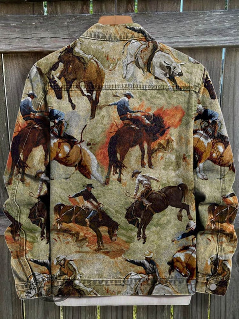 Horse Taming Art Print Casual Denim Jacket