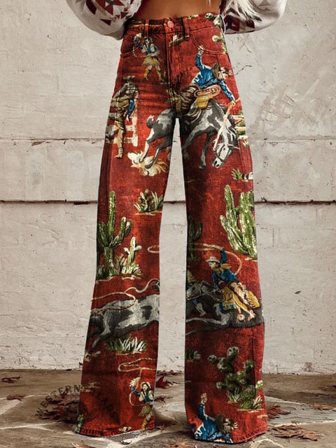 Western Cowboy Print Casual Wide Leg Pants