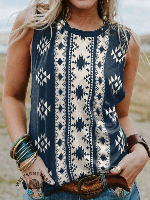 Women's Blue Geometry Vertical Stripes Print Casual Tank Top
