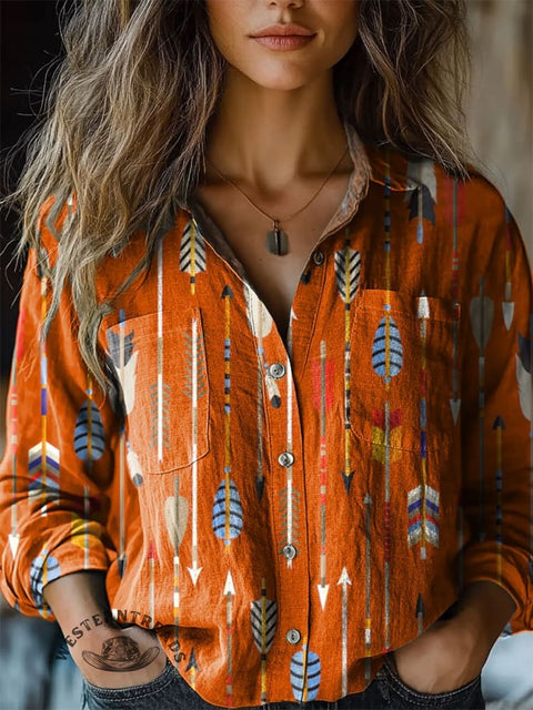 Women's Feather Arrow Art Print Casual Long Sleeve Comfortable Cotton Shirt