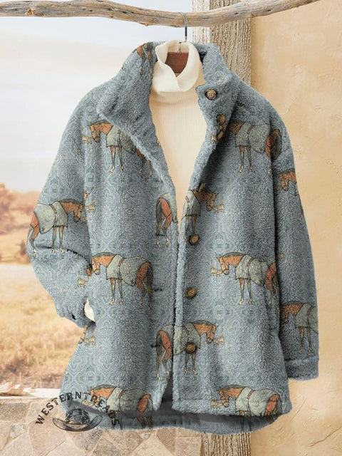 Women's Retro Blue Pattern Horse Art Print Casual Sherpa Coat Cardigan