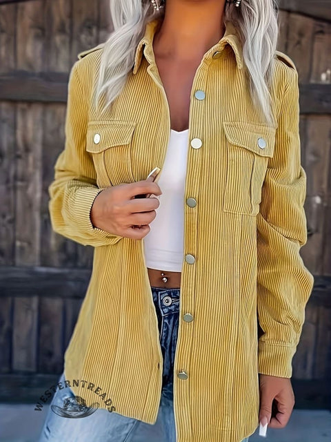 Women's  Corduroy Button Up Long Sleeve Turn Down Collar Shacket