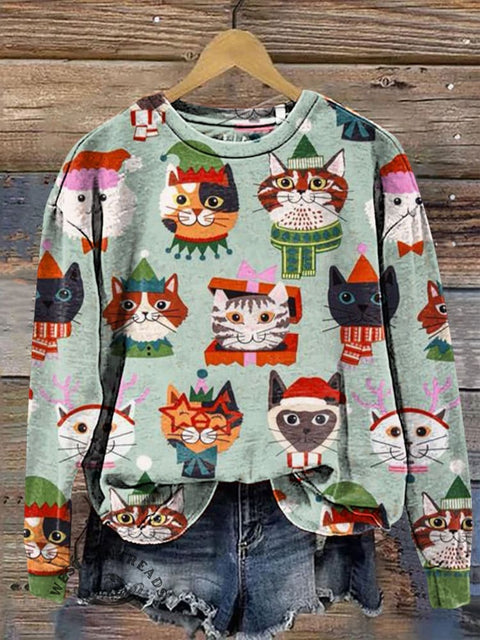 Christmas Theme Series Cat Wearing Santa Hat Art Print Casual  Sweatshirt