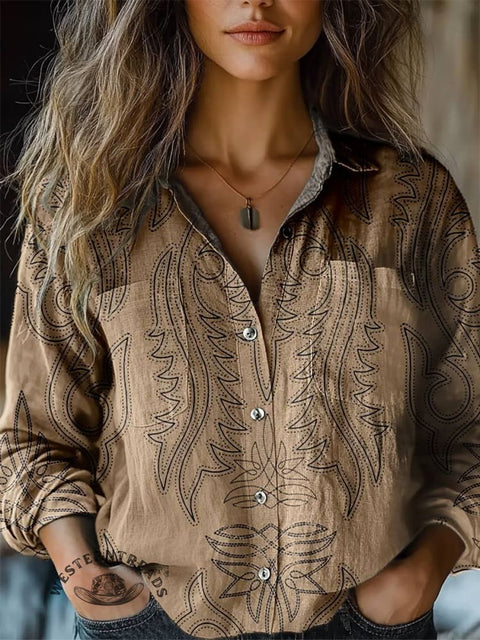 Women's Western Classic Print Casual Long Sleeve Comfortable Cotton Shirt