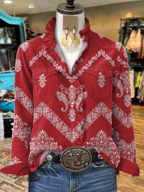 Women's Vintage Print Casual Long Sleeve Comfortable Cotton Shirt
