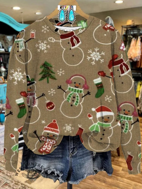 Brown Christmas Snowman Art Print Casual Sweatshirt