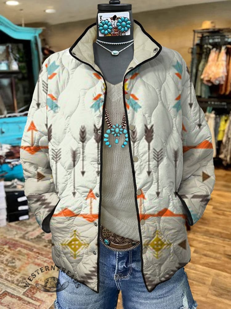 Women's Beige Vintage Aztec Print Casual Quilted Cardigan