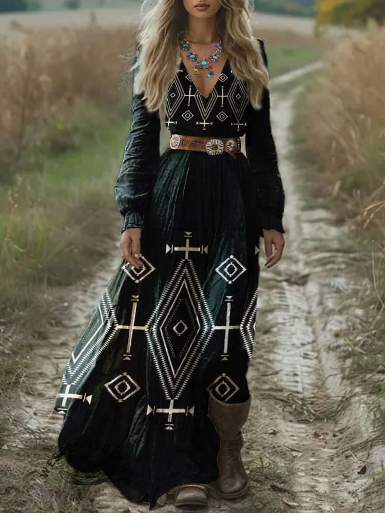 Women's Vintage Art Print Pocket Cotton Dress