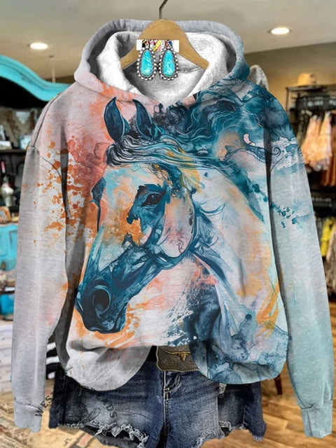 Blue Horse Print Casual Sweatshirt