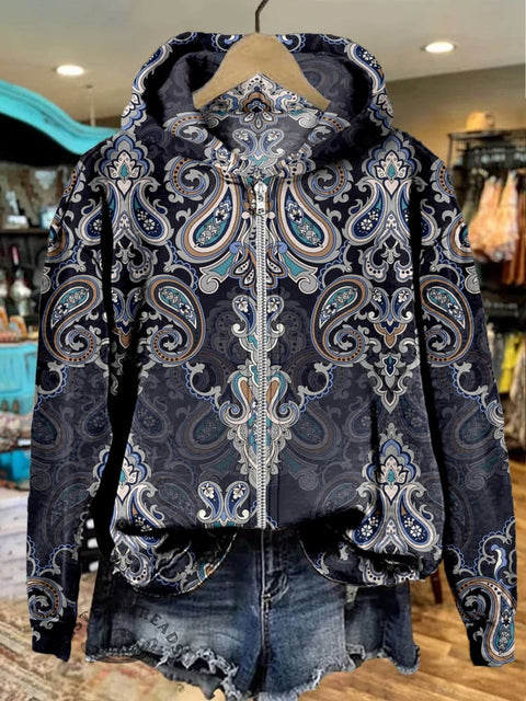 Paisley Print Casual Zip Hoodie Sweatshirt