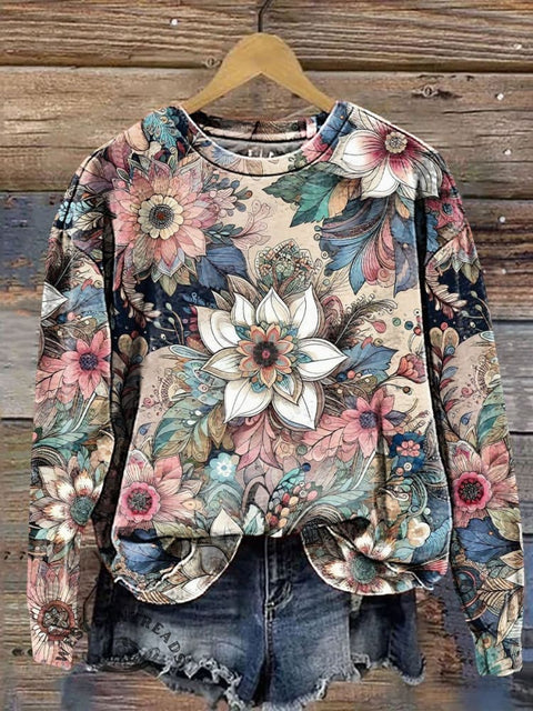 Floral Art Print Casual Sweatshirt