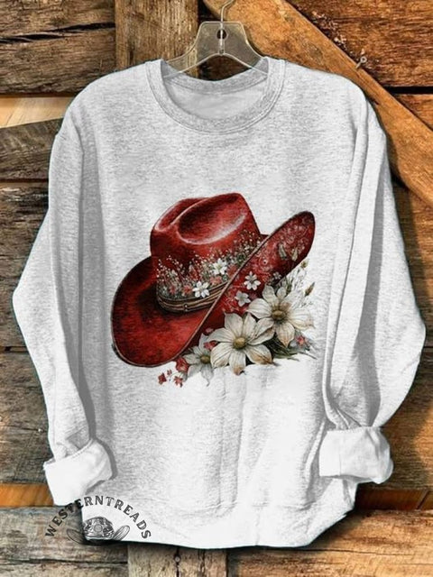 White Flowers and A Cowboy Hat Print Casual Sweatshirt