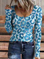Women's Shiny Leopard Print Comfortable Henley Shirt