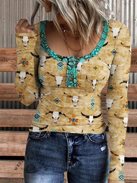 Women's Western Bull Skull Polka Dot Print Cotton Henley Shirt