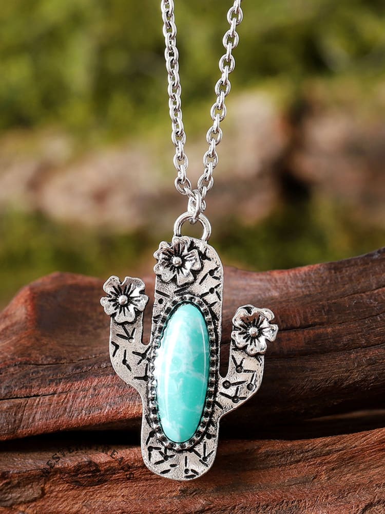 Vintage Inlaid Turquoise Cactus Pendant Necklace