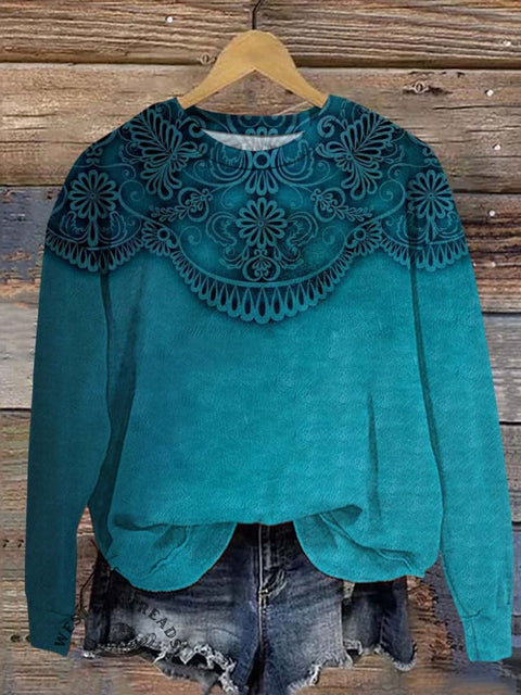 Retro Gradient Blue Flowers Print Casual Sweatshirt