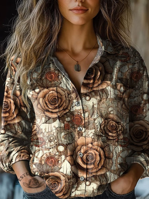 Women's Retro Brown Floral Print Casual Long Sleeve Comfortable Cotton Shirt