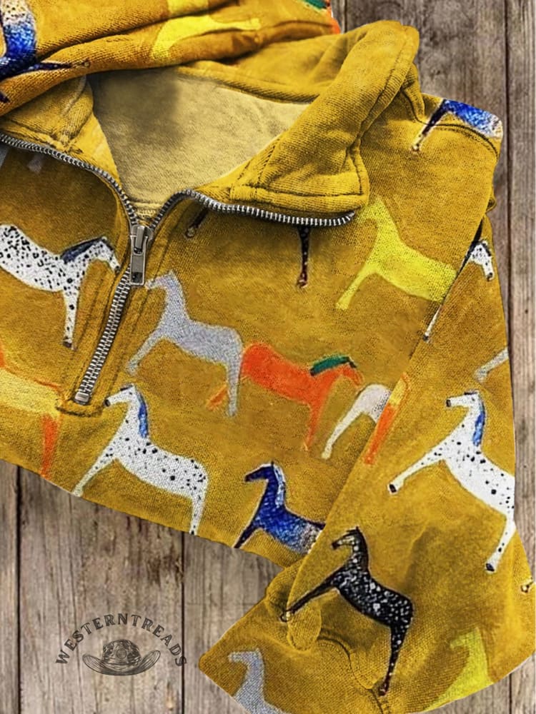 🔥Limited Time Discount🔥Horse Print Casual Long Sleeve Zip Sweatshirt