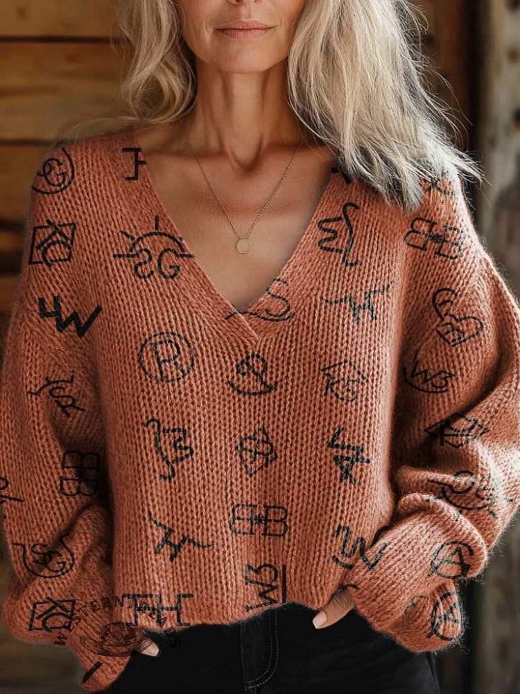 Women's Western Cattle Brands Print Casual V-neck Pullover Knit