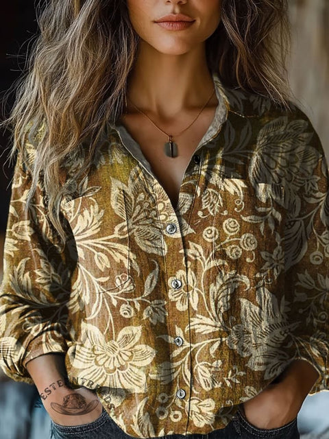 Women's Retro Yellow Flowers Print Casual Long Sleeve Comfortable Cotton Shirt
