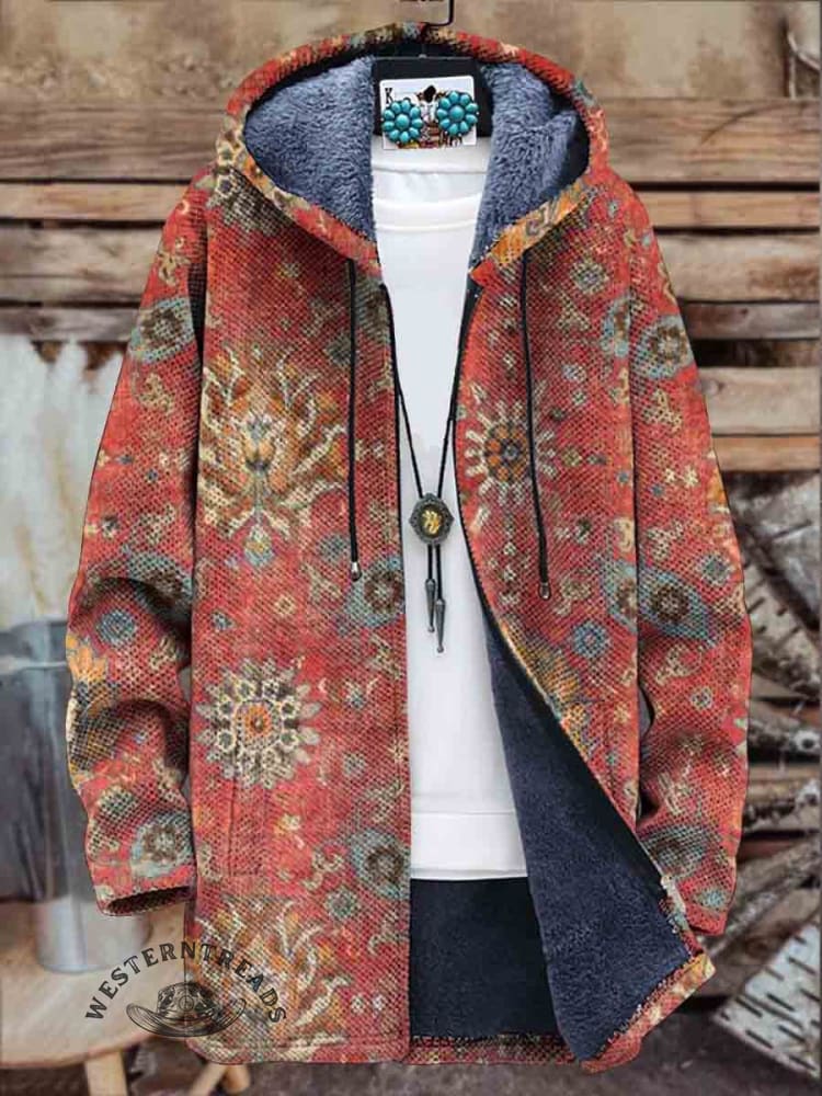 Retro Ethnic Pattern Print Unisex Plush Thick Long-Sleeved Sweater Cardigan Coat