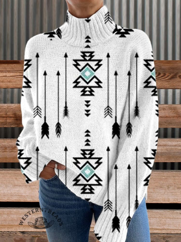 White Vintage Aztec Print Knit Turtleneck Pullover Sweater