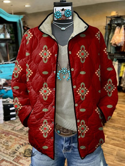 Women's Retro Red Ethnic Symbols Art Print Casual Quilted Cardigan