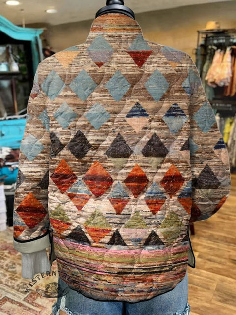 Women's Retro Gradient Stripes Rhombus Art Print Casual Quilted Cardigan