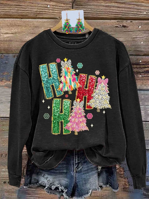 Retro Colorful Coquette Glitter Ho Ho Ho Christmas Tree Print Sweatshirt