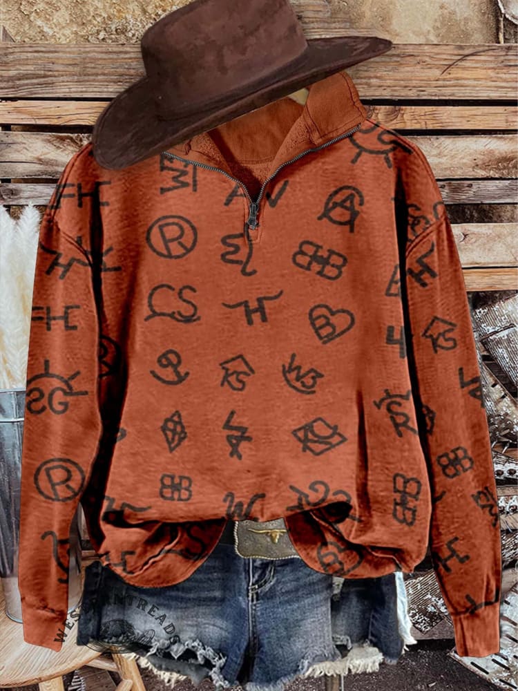 Western Cattle Brands Print Casual Long Sleeve Zip Sweatshirt