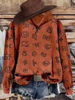 Western Cattle Brands Print Casual Long Sleeve Zip Sweatshirt