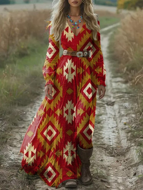 Women's Red Aztec Print Pocket Cotton Dress