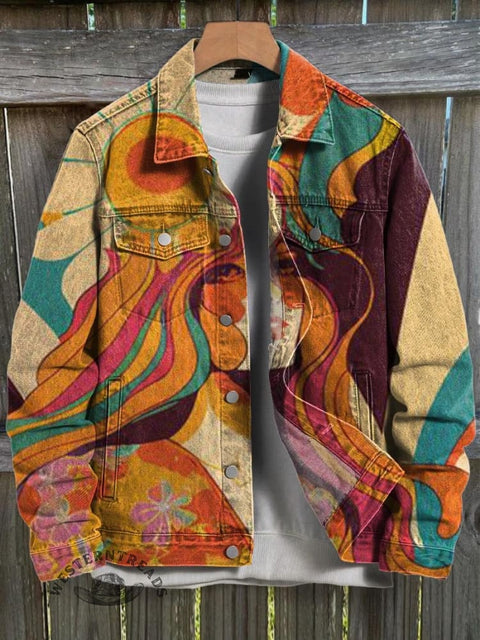 Retro Flower Woman Hippie Art Print Casual Denim Jacket