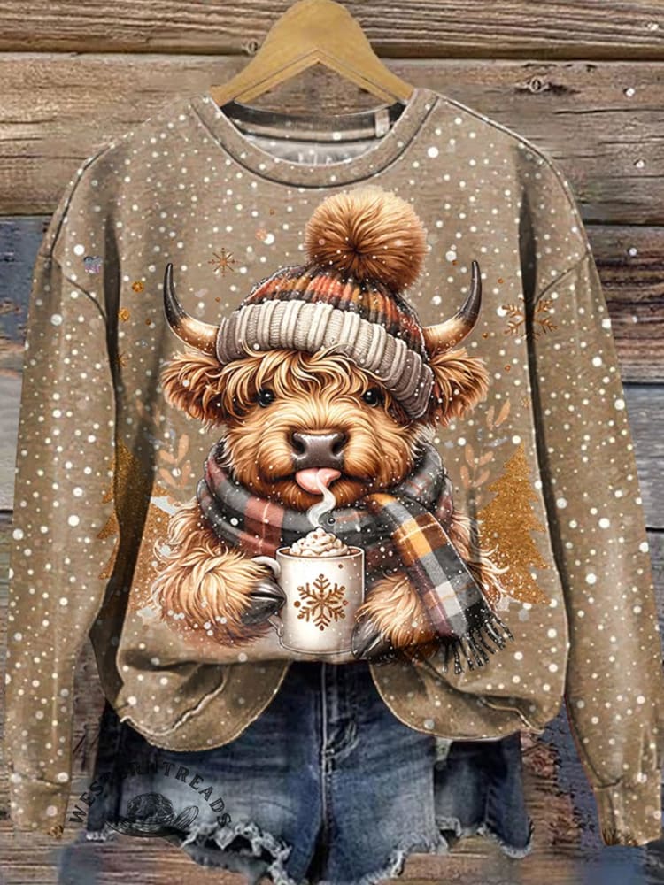 Winter Christmas Highland Cow Print Casual Sweatshirt