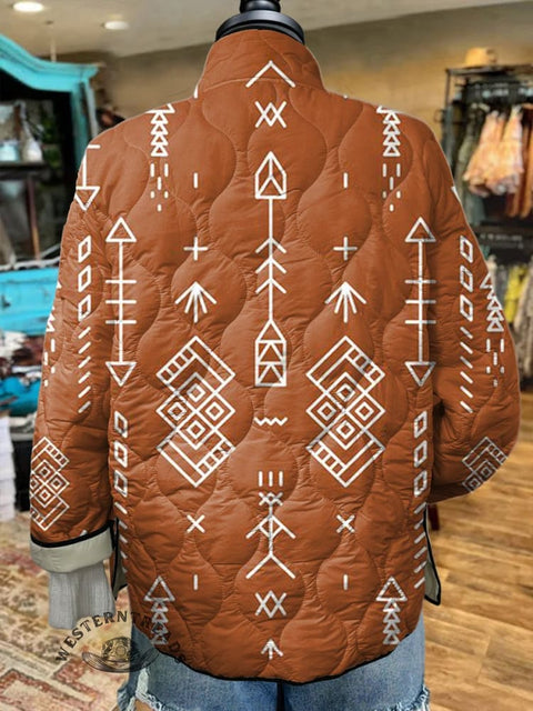 Orange Retro Aztec Arrows Art Print Casual Quilted Cardigan