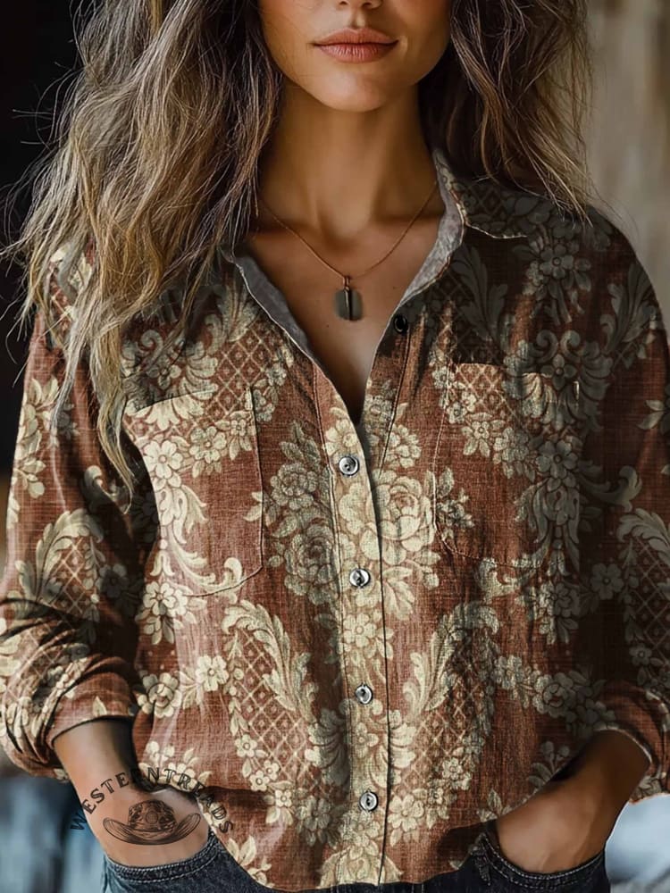 Women's Retro Flowers Print Casual Long Sleeve Comfortable Cotton Shirt
