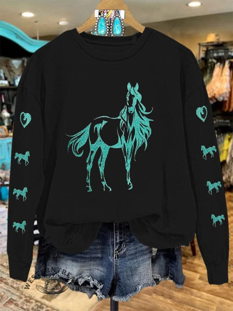 Retro Horse Print Casual  Sweatshirt