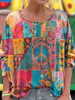 Vintage Love And Peace Flower Art Print Casual Long Sleeve T-shirt